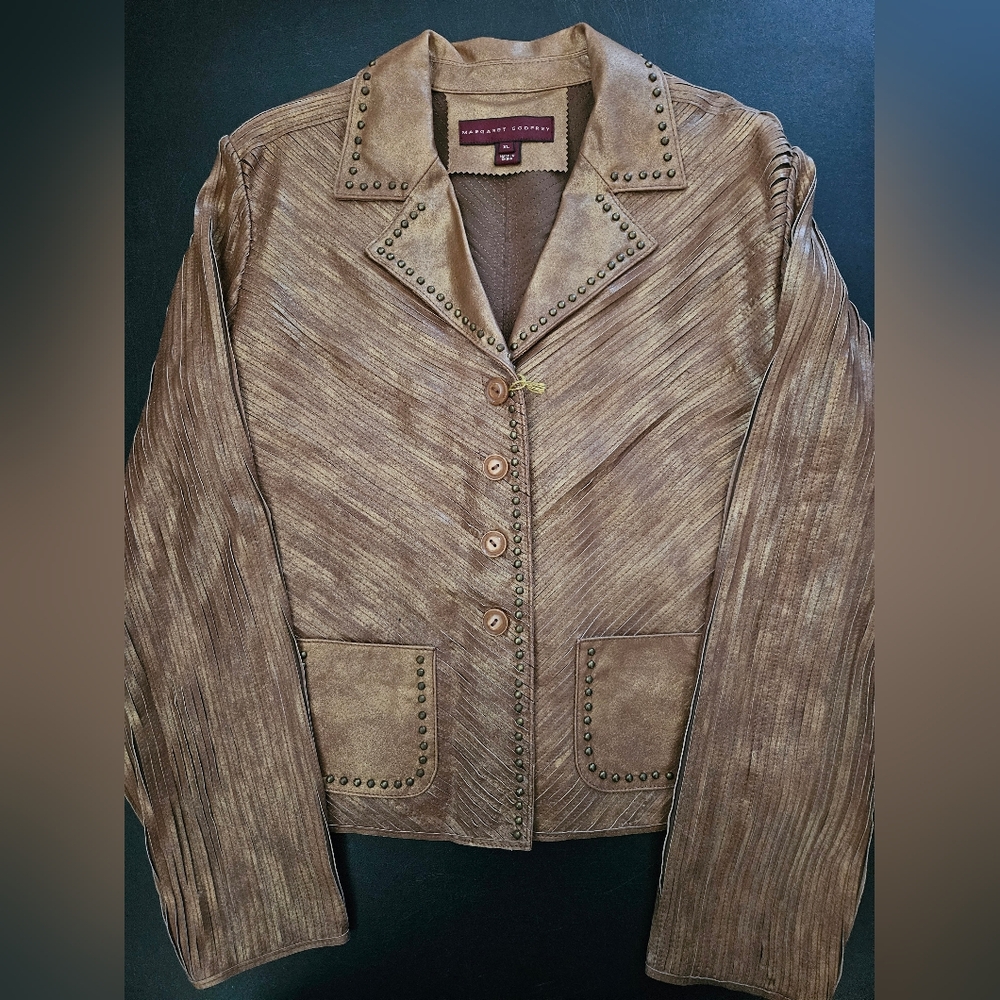 NWT - Leather Slatted Strip Margaret Godfrey Golden Bronze Jacket - Size XL